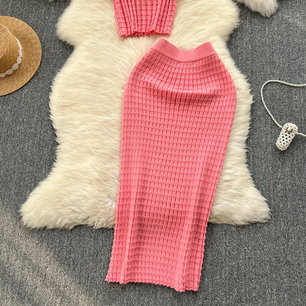 Conjunto de falda de moda de verano para mujer, camisetas sin mangas Sexy, cintura alta, Saya larga delgada, trajes de dos piezas, ropa de punto sólida