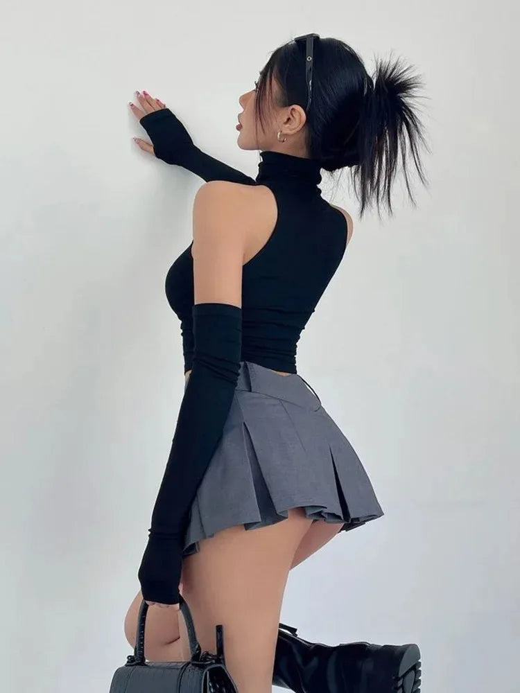 Top sin mangas Sexy para primavera y verano, Top corto plisado con mangas para chica picante y cuello alto, camiseta para mujer, ropa informal ajustada Y2k