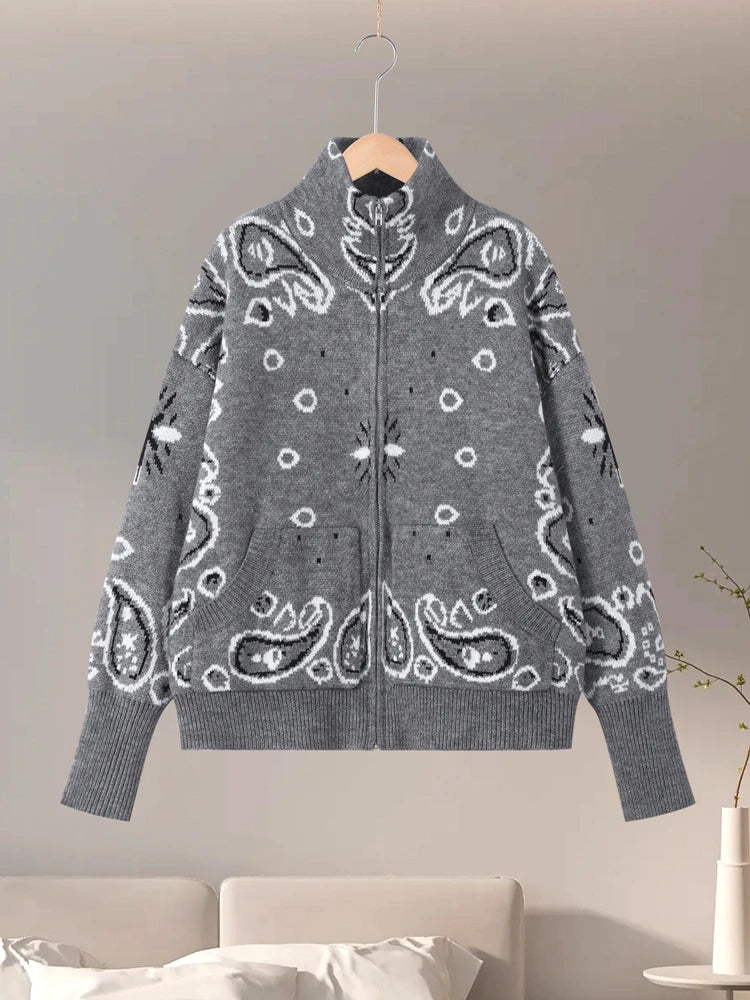 Cárdigan Vintage de punto Jacquard con cuello levantado para mujer, suéter holgado con bolsillos de manga larga y cremallera, prendas de punto suaves para primavera 2026