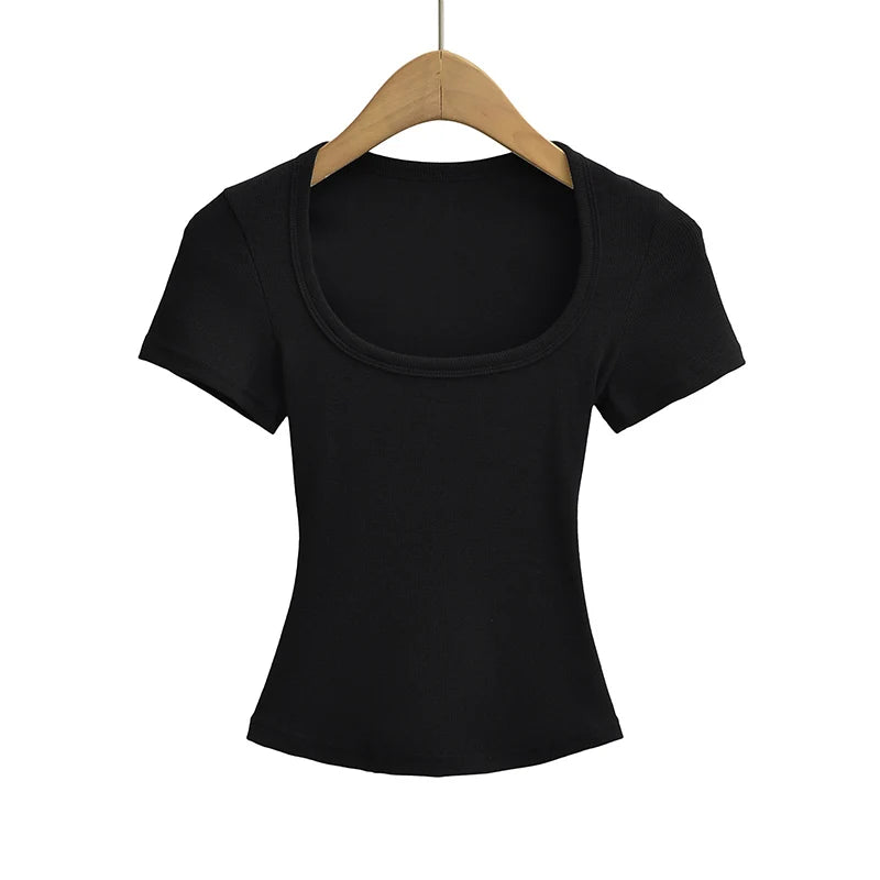 Top corto de alta elasticidad con cuello cuadrado para mujer, top sexy de manga corta, jersey ajustado, camisa básica de verano