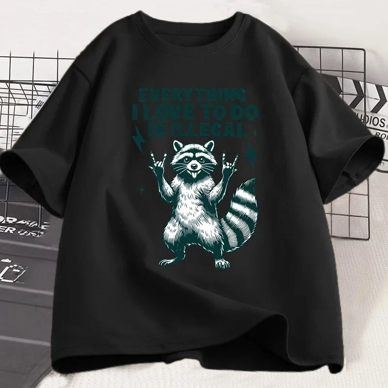 Camiseta divertida con patrón de mapache, camiseta de humor, pantalón corto informal para mujer, camiseta de manga Harajuku, ropa para mujer, camisetas gráficas Y2K