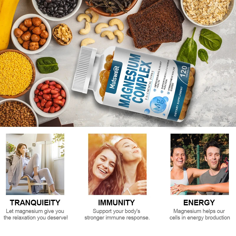 Suplementos de cápsula de magnesio complejo, sistema nervioso, soporte muscular y óseo para dormir, energía, calambres en las piernas, dolores de cabeza