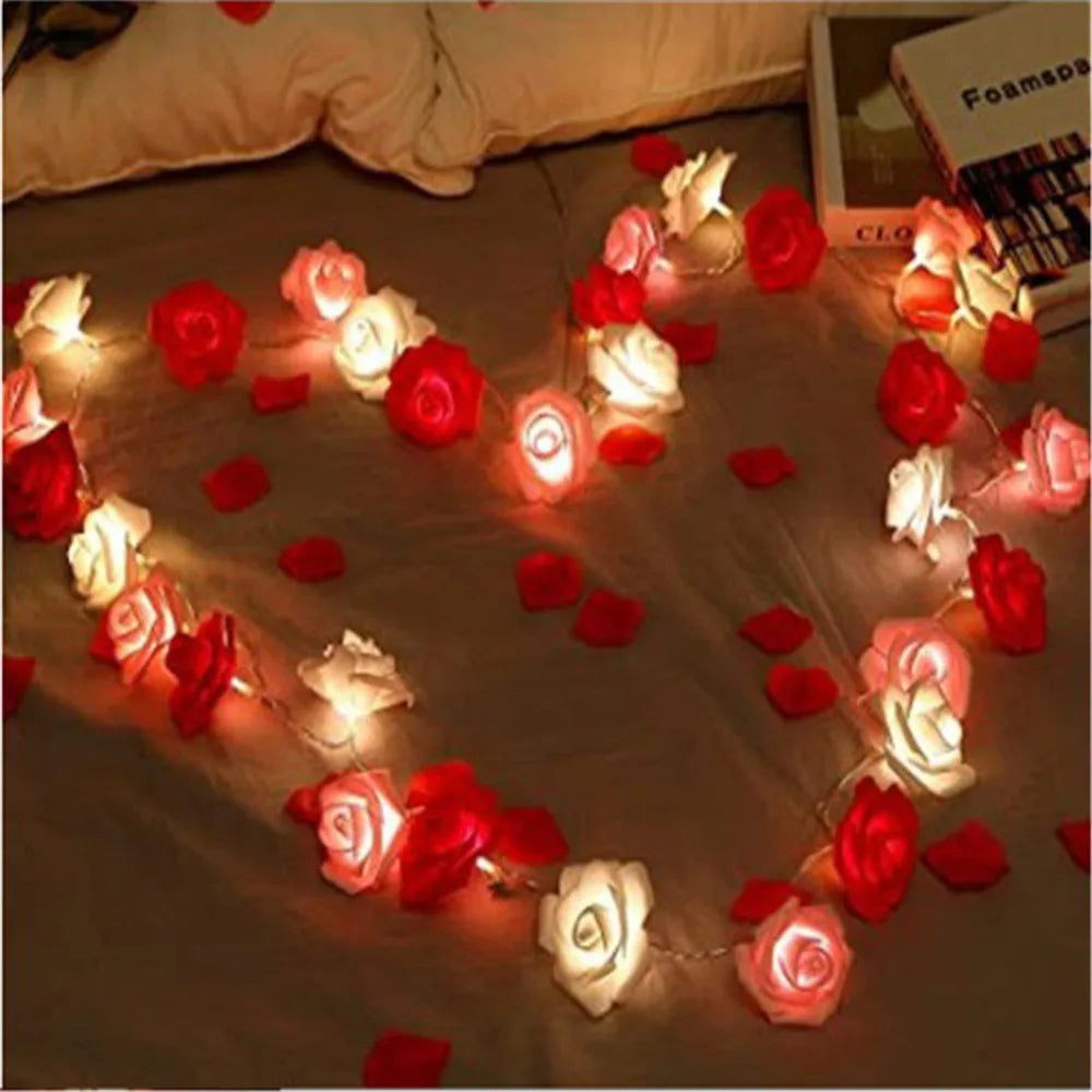 Guirnalda de Luces LED de 3m con 20 Rosas Artificiales, Funciona con Pilas, Decoración para Bodas, Habitaciones, Ramadán, Regalos para el Día de la Madre