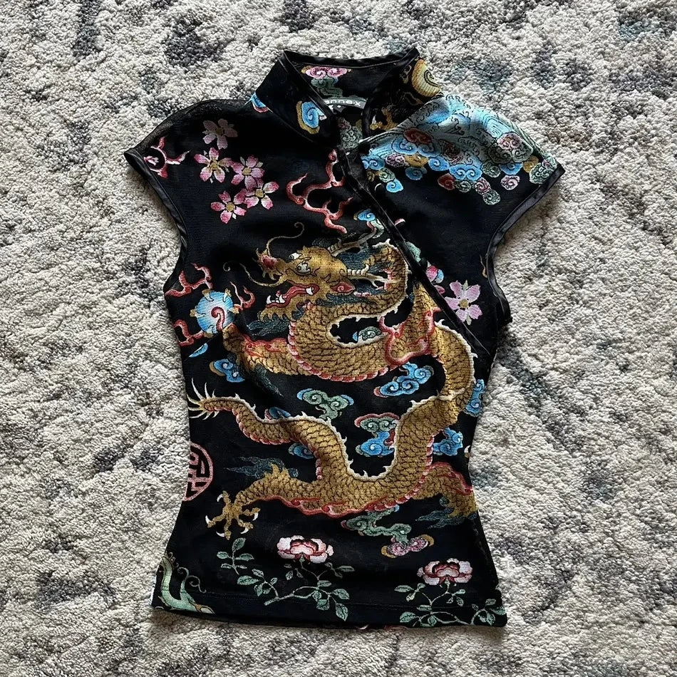 Camiseta de estilo chino moda high street Y2K chica de humor millenario botón gótico moda retro a cuadros tops de manga corta para mujer