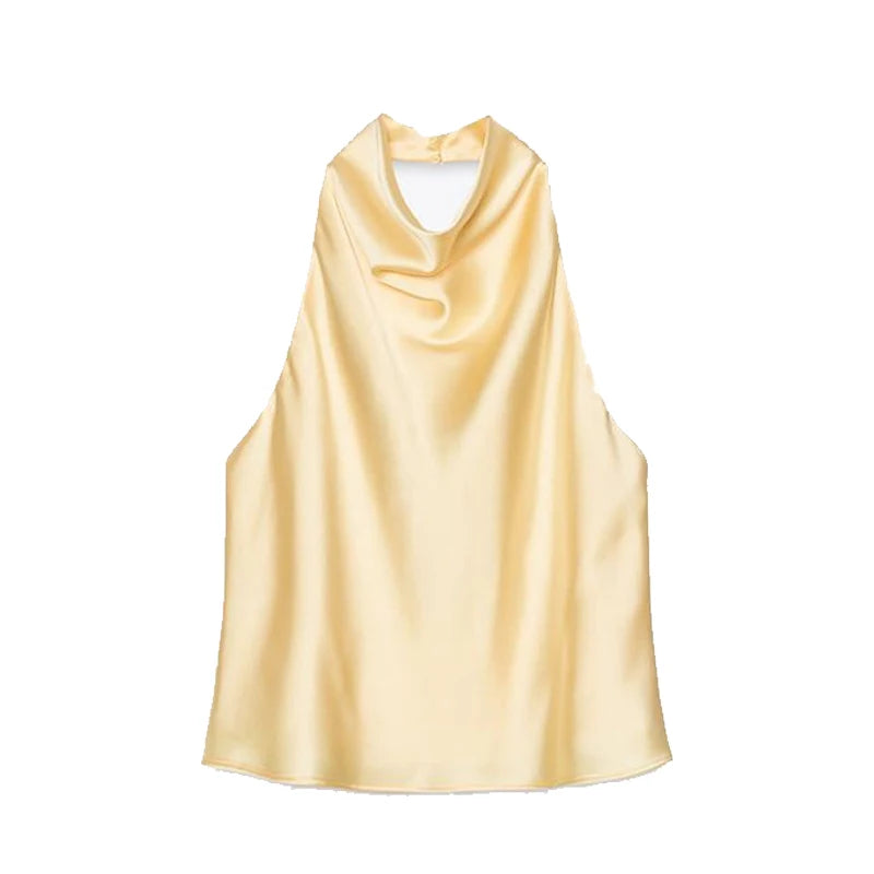 Vestido sin mangas con cuello colgante para mujer, vestido liso de satén con espalda descubierta, vestidos informales de oficina con tirantes finos, nueva Suite de primavera 2025