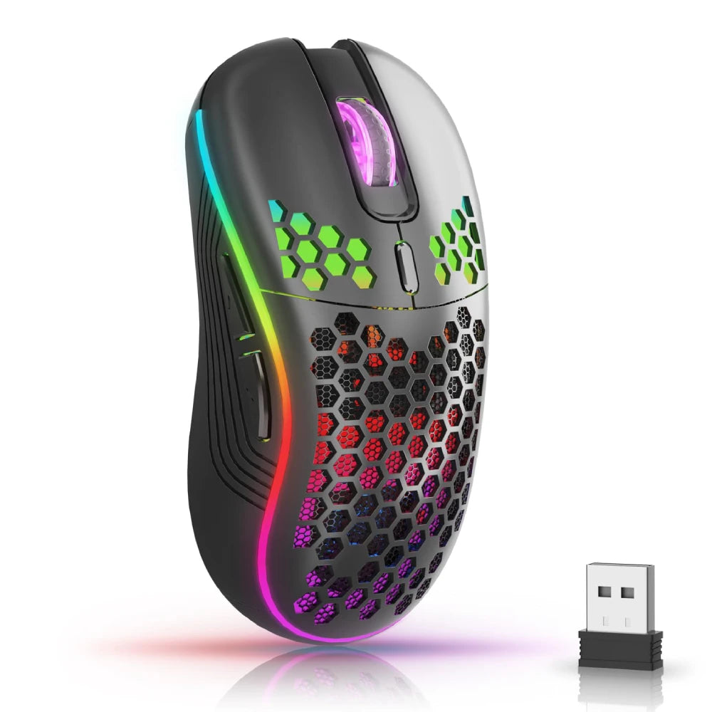 Ratón inalámbrico ligero con diseño de panal de abeja, Mouse recargable con retroiluminación RGB, receptor USB, DPI ajustable, 2,4G