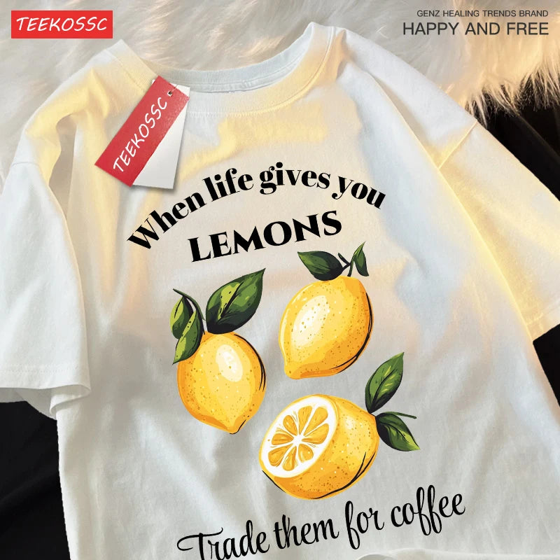 Cuando la vida te donne limones comerciamos tiene café impresiones Retro mujer Camiseta de algodón de moda ropa de Hip Hop suelta Unisex Top