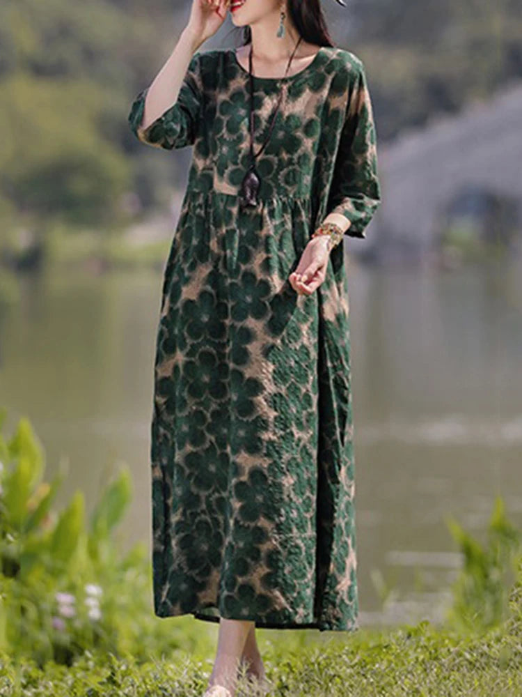Vestido Floral Vintage mujer 2025 ZANZEA otoño Vestidos largos bohemios Casual manga larga Maxi Vestidos bata suelta Mujer de gran tamaño