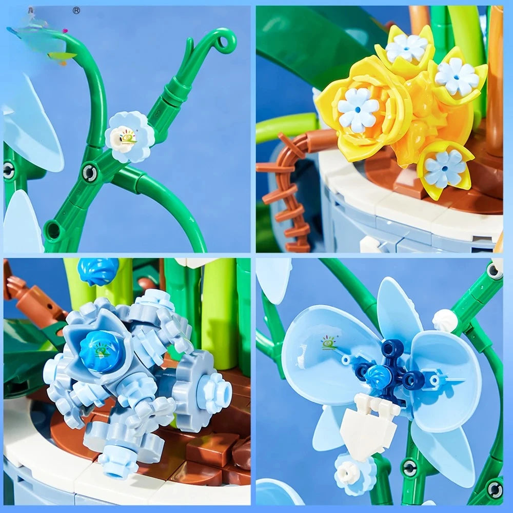 Taza de café de orquídeas y flores, bloques de construcción en maceta, ramo 3D, ladrillos MOC, juguetes de construcción, decoración de plantas de escritorio para el hogar DIY