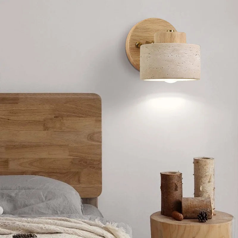 Lámpara de pared para cabecera de dormitorio wabi-sabi de estilo japonés con piedra de cueva amarilla, estudio retro en familia, lámpara de pared giratoria con interruptor para