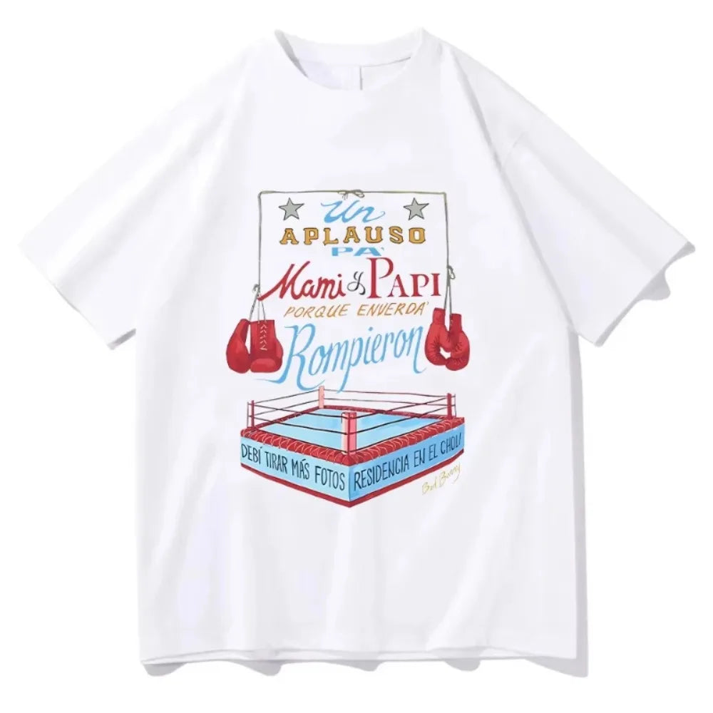 Bad Bunny DTMF Merch Boxing Tee Camiseta estética Unisex Estampado geométrico Cuello redondo Manga corta Estilo urbano Camiseta estampada