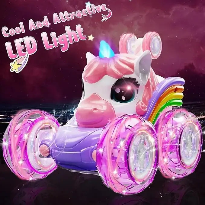 Coche teledirigido unicornio para niñas, 360 °   Coches RC acrobáticos giratorios 4WD con luces lindas, juguetes recargables para niños para regalos de cumpleaños