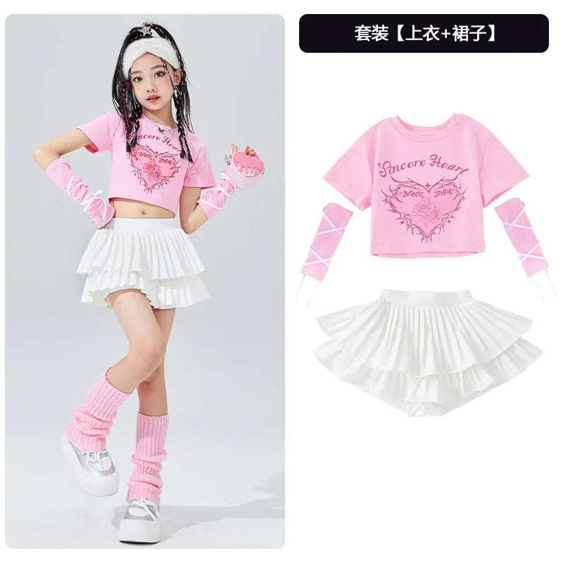 Ropa bonita de Hip Hop para chico, camiseta corta con estampado rosa, mangas, minifalda plisada en capas blancas para niñas, tra