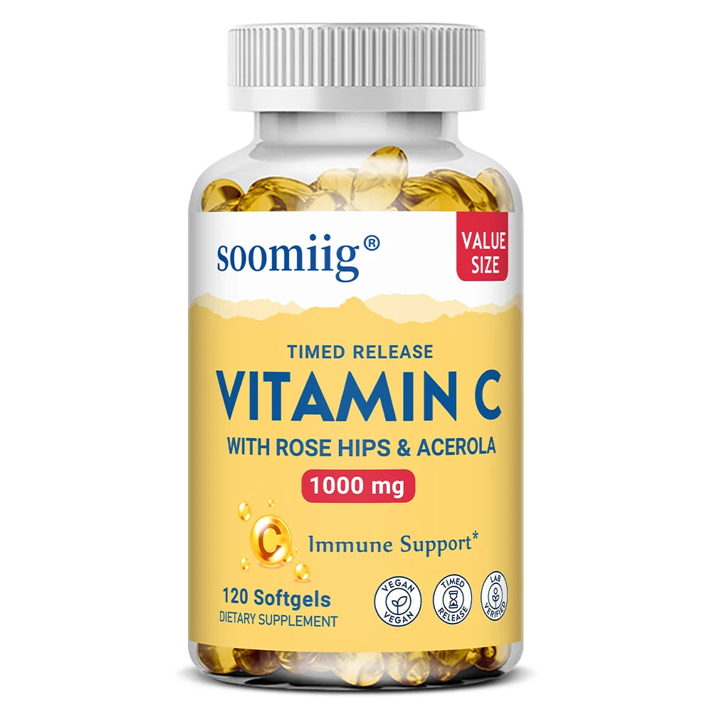 Vitamina C con caderas rosas y acérola |   1000mg |   Función inmune saludable de liberación temporizada en dos etapas, soporte para la piel, el cabello y las uñas |   No OGM
