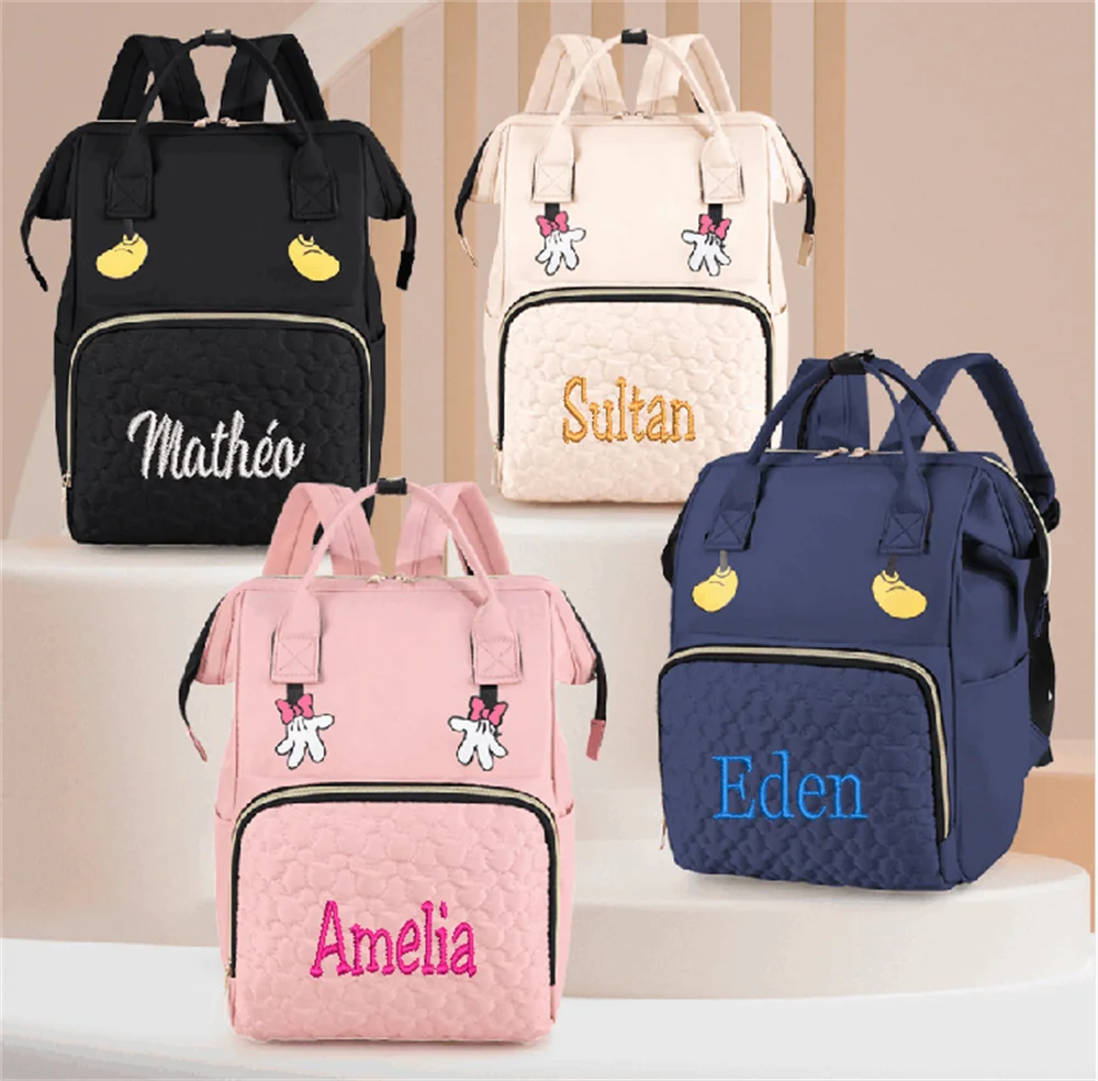 Mochila multifuncional con nombre bordado para madre e hijo, bolso portátil de gran capacidad para viaje al aire libre con múltiples compartimentos