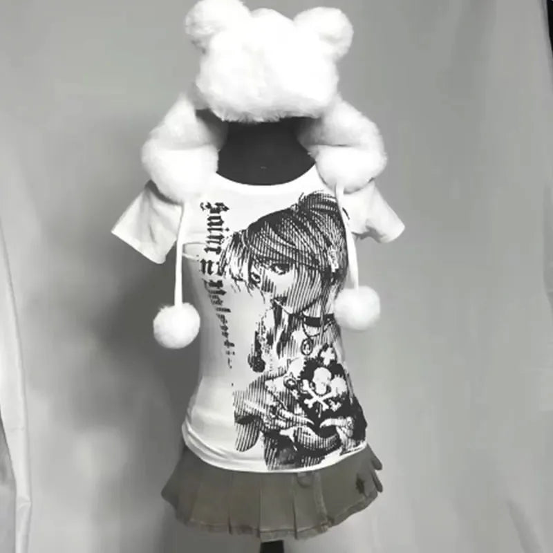 Y2k-Camiseta con estampado de texto para mujer, cuello redondo, montado en la calle, Harajuku, corte Retro Simple, hermosa camiseta informal Kawaii, 90' S