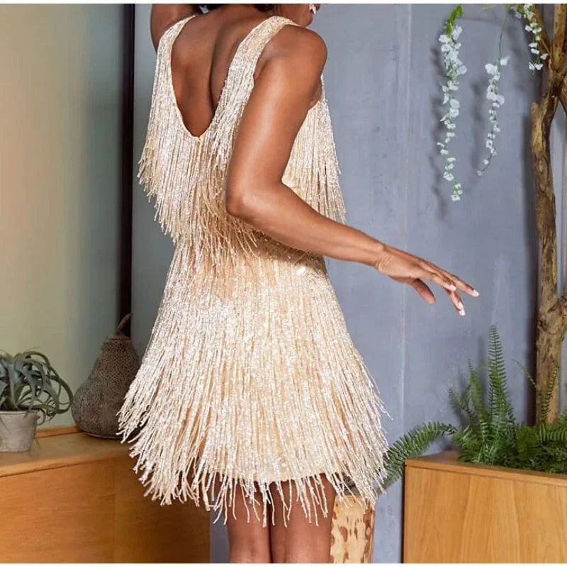 2025 nuevo Sexy borla lentejuelas pluma Mini vestido mujeres Spaghetti Strap costura vestidos mujer elegante vestido de fiesta de noche Club