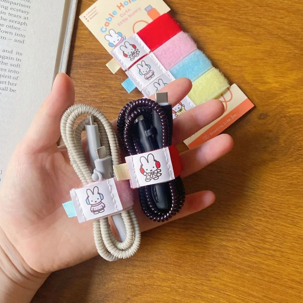Kawaii Miffy nuevo estilo Cable USB cuerda de almacenamiento conejo de dibujos animados bordado impresión portátil cuerda elástica Cable organizador regalo para niña