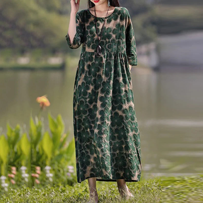 Vestido Floral Vintage mujer 2025 ZANZEA otoño Vestidos largos bohemios Casual manga larga Maxi Vestidos bata suelta Mujer de gran tamaño