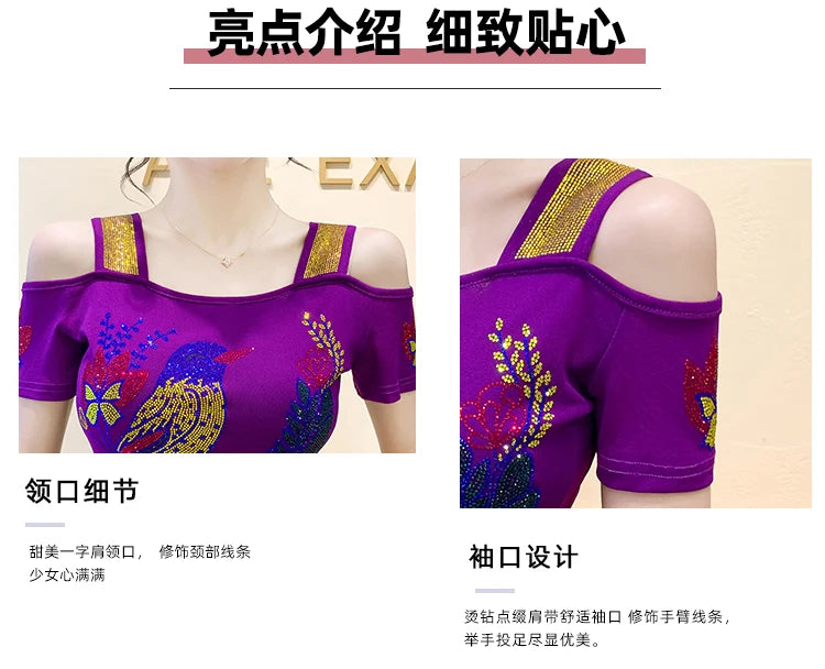 Ropa de calle europea, camiseta de marca para mujer, camisetas ajustadas de manga corta elegantes con diamantes brillantes para mujer