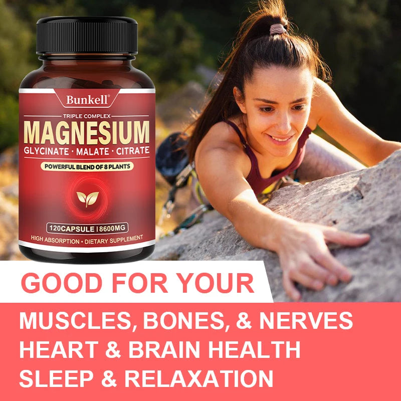 Complejo de magnesio - Glucinado de magnesio, malato, cítrato - Promueve energía y sueño, salud ósea, sin gluten ni OGM