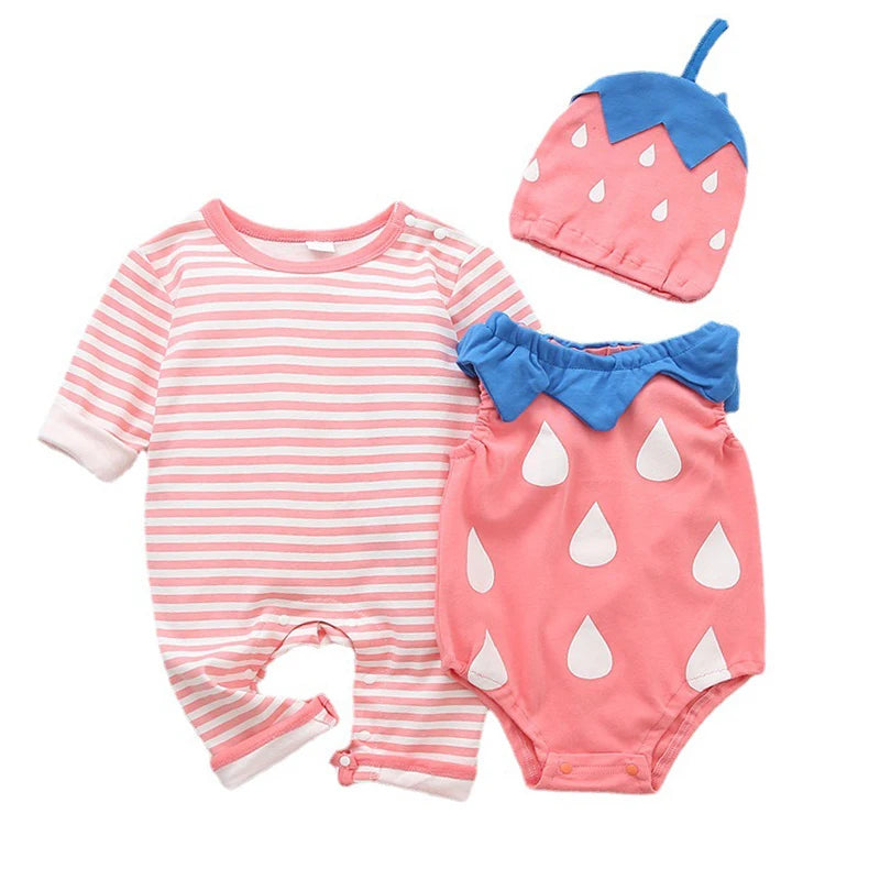 Newborn Baby Boys Girls Sleeveless Bodysuit + Romper Jumpsuit + Hat 3pcs Clothes Set Toddler Baby Outfits Bebe Clothing Suit