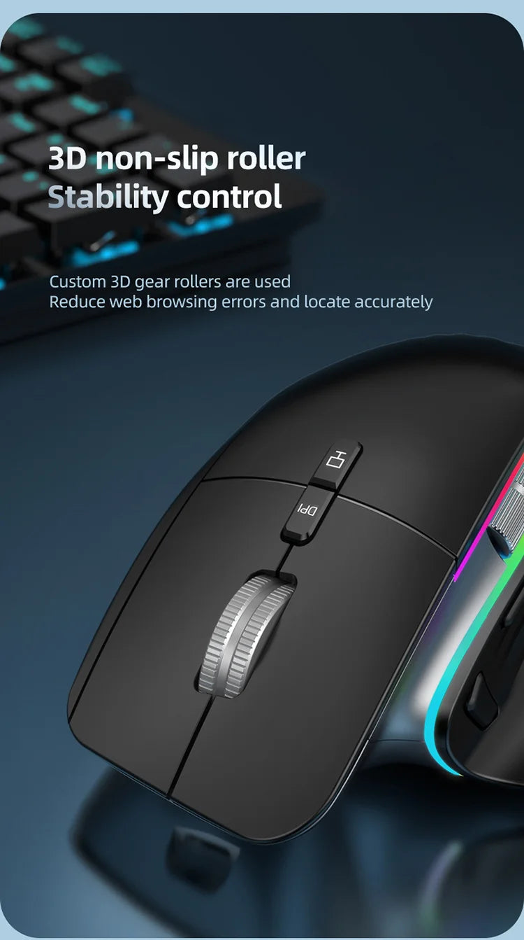 JOMAA-ratón inalámbrico para juegos de ordenador, Mouse negro de 2,4G con Bluetooth, RGB, recargable, diseño ergonómico, para oficina