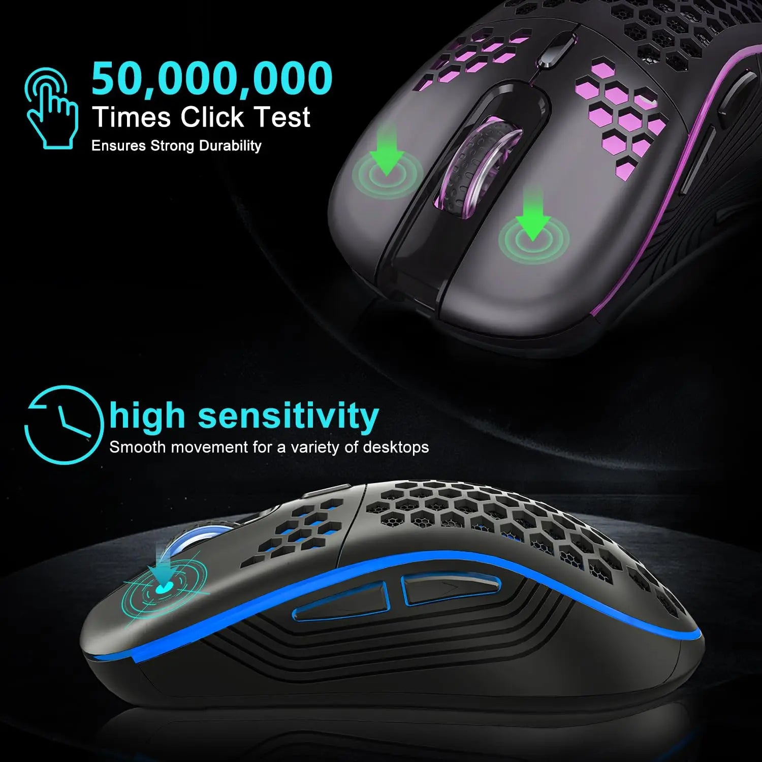 Ratón inalámbrico ligero con diseño de panal de abeja, Mouse recargable con retroiluminación RGB, receptor USB, DPI ajustable, 2,4G