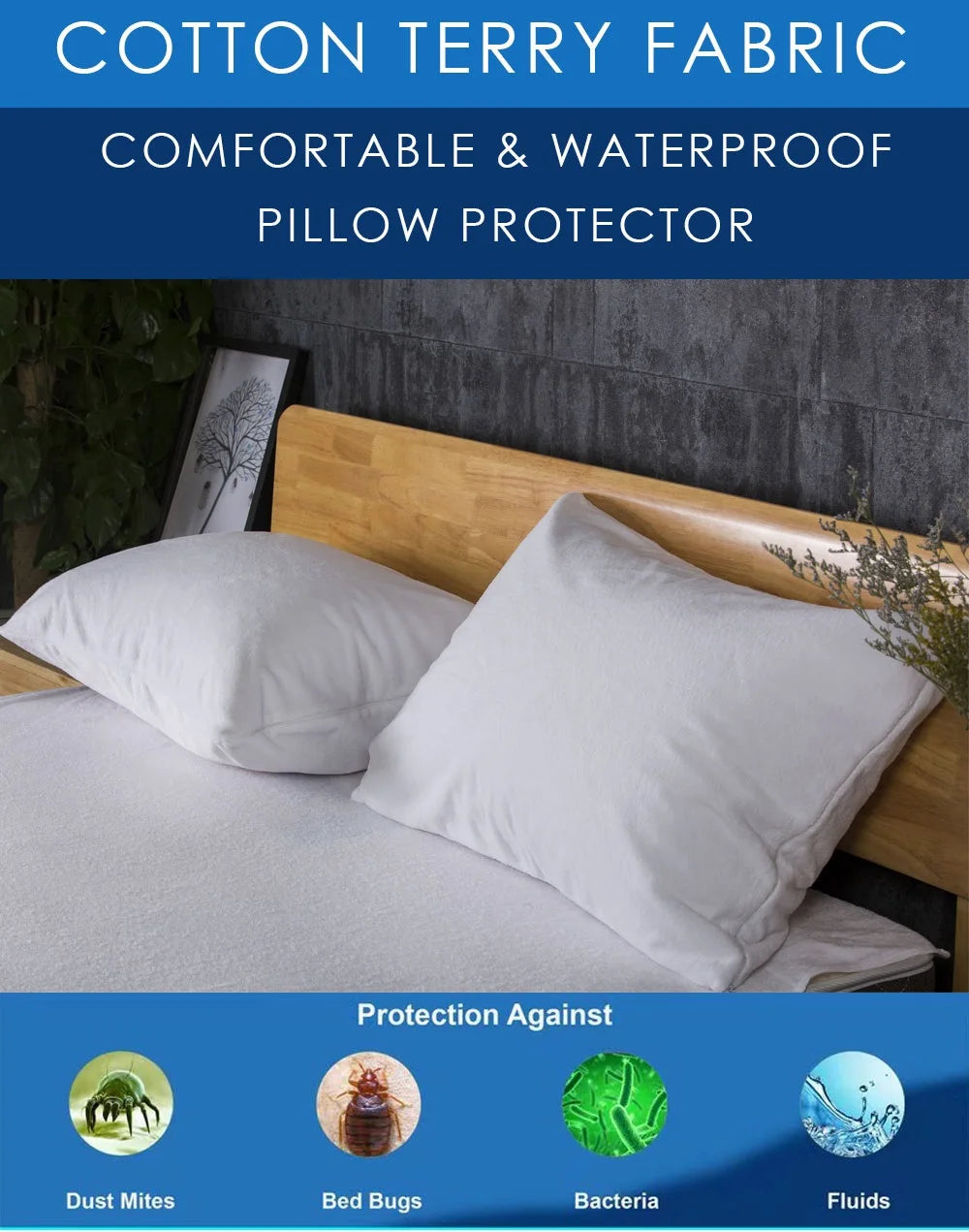 Funda de almohada impermeable, tela de felpa de algodón, Protector de almohada con cremallera, a prueba de insectos y hipoalergénico, 50x70cm, 1 ud.