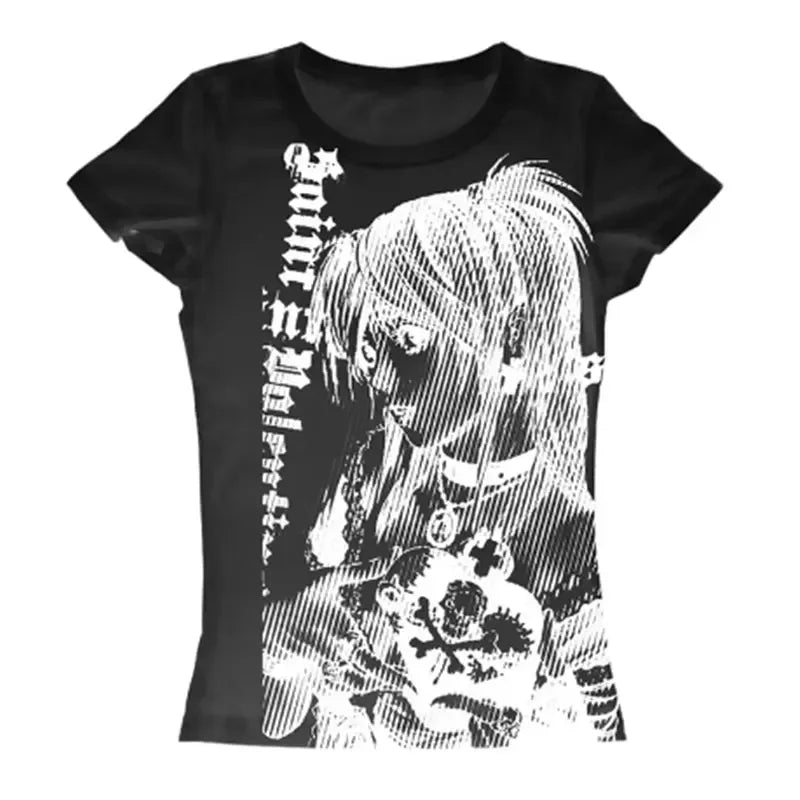 Y2k-Camiseta con estampado de texto para mujer, cuello redondo, montado en la calle, Harajuku, corte Retro Simple, hermosa camiseta informal Kawaii, 90' S