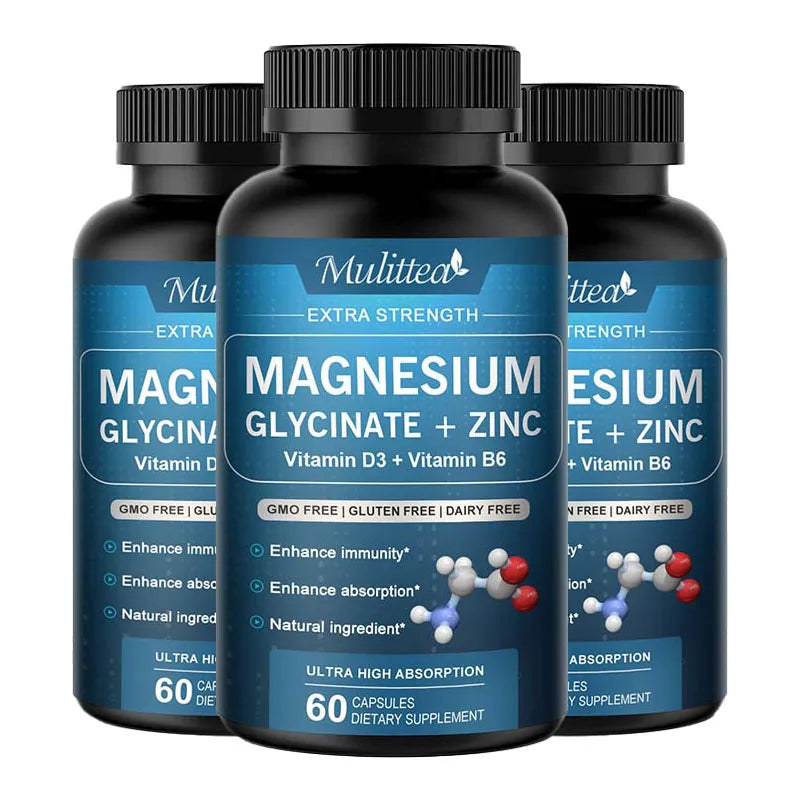 Mulittea Cápsula de magnesio de glicina con Zinc, vitamina D3 B6, salud de huesos y dientes, ayuda a dormir Natural, alivia la ansiedad