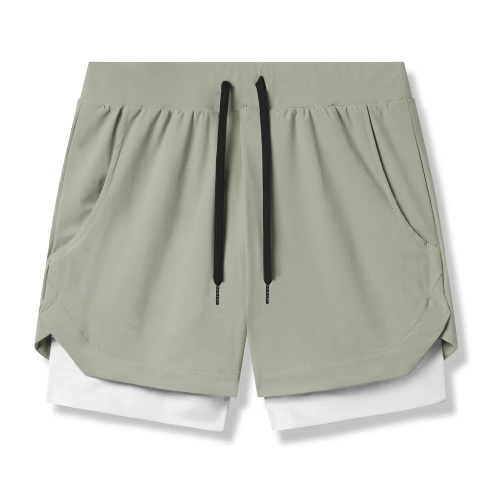 2025 nuevos pantalones cortos deportivos transpirables de doble capa gimnasios Fitness culturismo entrenamiento playa de secado rápido 2 en 1 pantalones cortos para correr para hombre