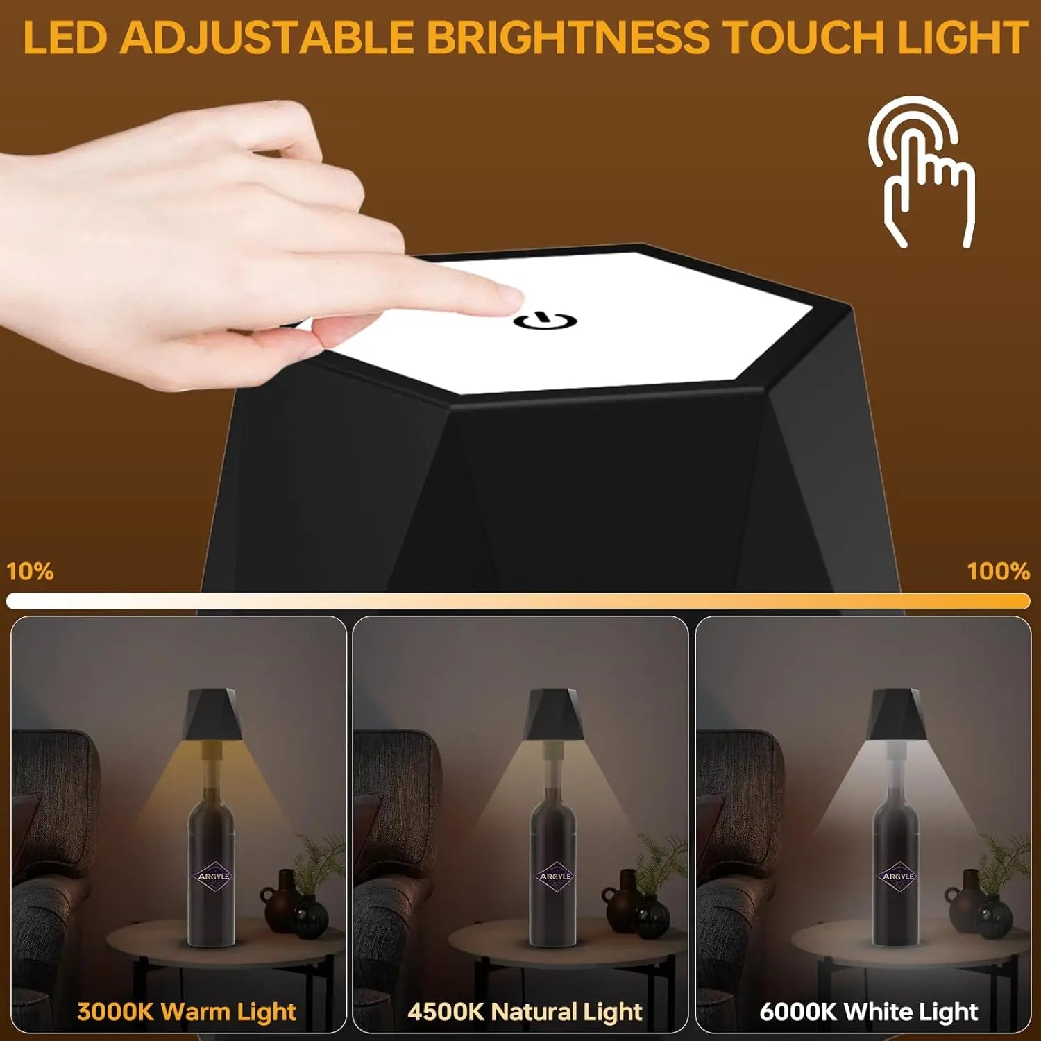 Lámpara de mesa inalámbrica para botellas, Control táctil de 3 colores y lámpara de noche con atenuación continua para Bar, botellas de vino, decoración de luces de escritorio