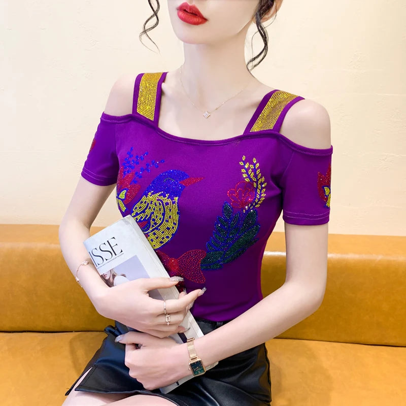 Ropa de calle europea, camiseta de marca para mujer, camisetas ajustadas de manga corta elegantes con diamantes brillantes para mujer