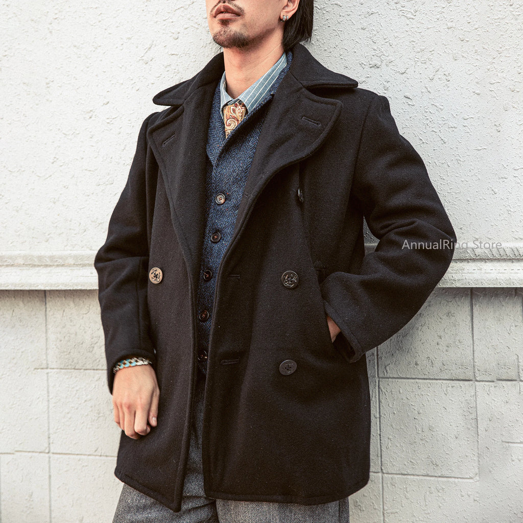 Peacoat Red Tornado 740 en negro, abrigo vintage de mezcla de lana de longitud media con doble botonadura para hombre, chaqueta cálida de invierno