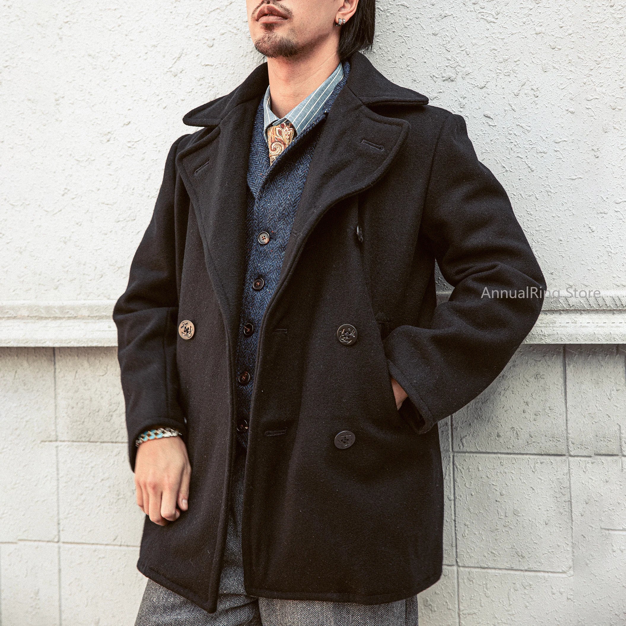 Peacoat Red Tornado 740 en negro, abrigo vintage de mezcla de lana de longitud media con doble botonadura para hombre, chaqueta cálida de invierno