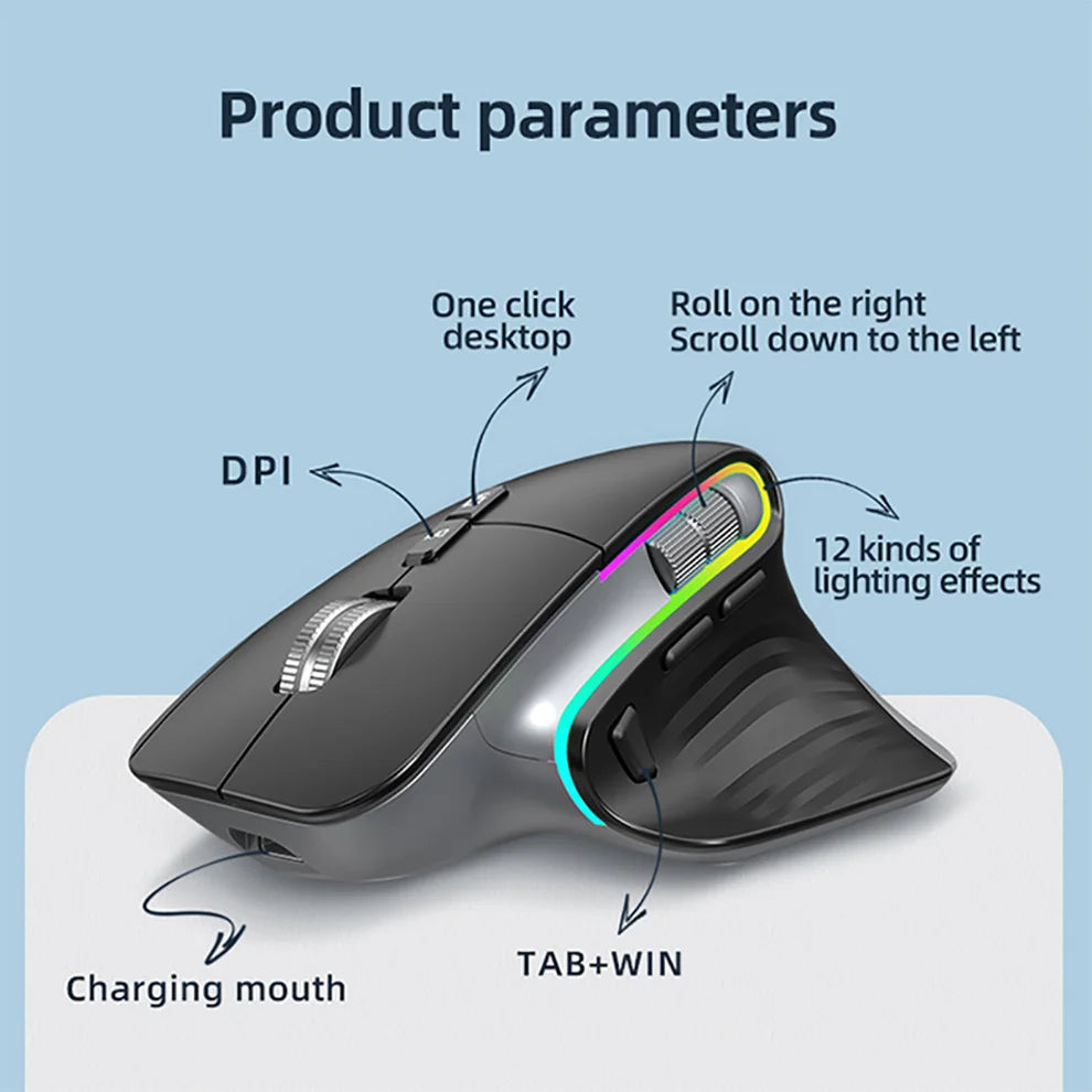 JOMAA-ratón inalámbrico para juegos de ordenador, Mouse negro de 2,4G con Bluetooth, RGB, recargable, diseño ergonómico, para oficina
