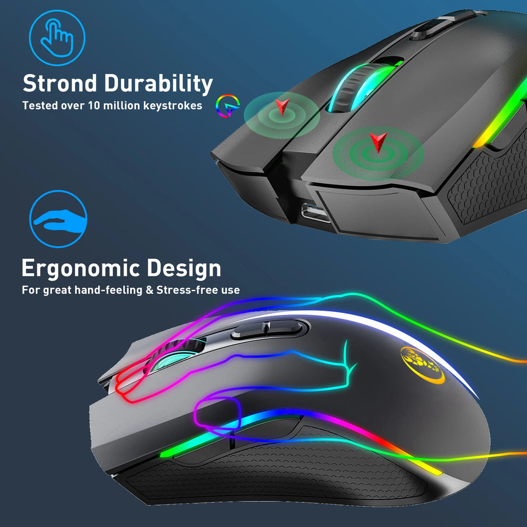 Ratón para juegos RGB inalámbrico recargable 2,4G, ratón retroiluminado ergonómico para juegos para ordenador portátil y PC