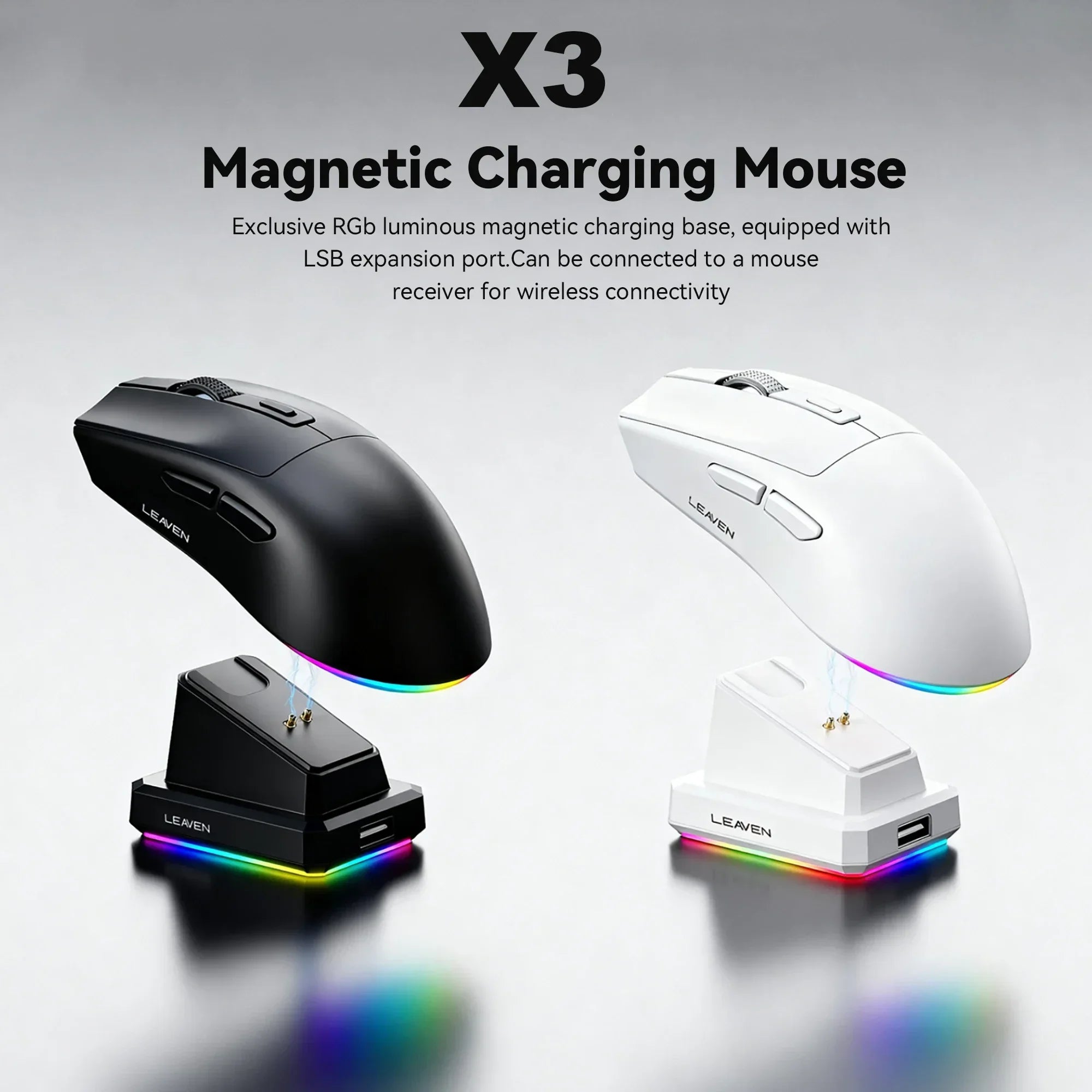 Ratón inalámbrico de modo dual |   Base de carga magnética |   Retroiluminado RGB |   DPI de 3 velocidades (800-1200-1600) |   2.4G/BT |   Adecuado para uso diario.