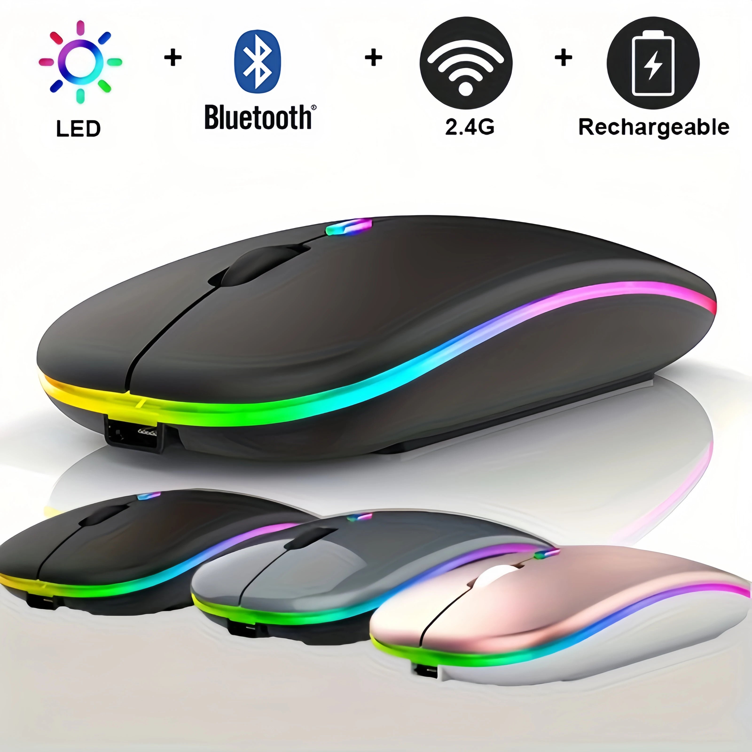 Ratón inalámbrico RGB recargable USB 2,4 GHz Bluetooth ratón inalámbrico ordenador Mause retroiluminado con LED ratón ergonómico para juegos para ordenadores portátiles