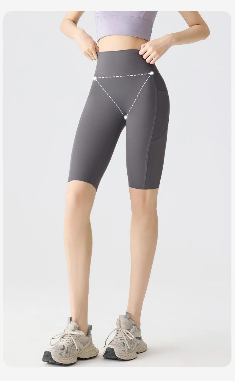 BIVIGAOS, pantalones cortos de verano con bolsillo para Yoga de piel de tiburón para bicicleta, pantalones cortos finos de cintura alta con realce, sensación desnuda, pantalones cortos deportivos para ciclismo y Fitness