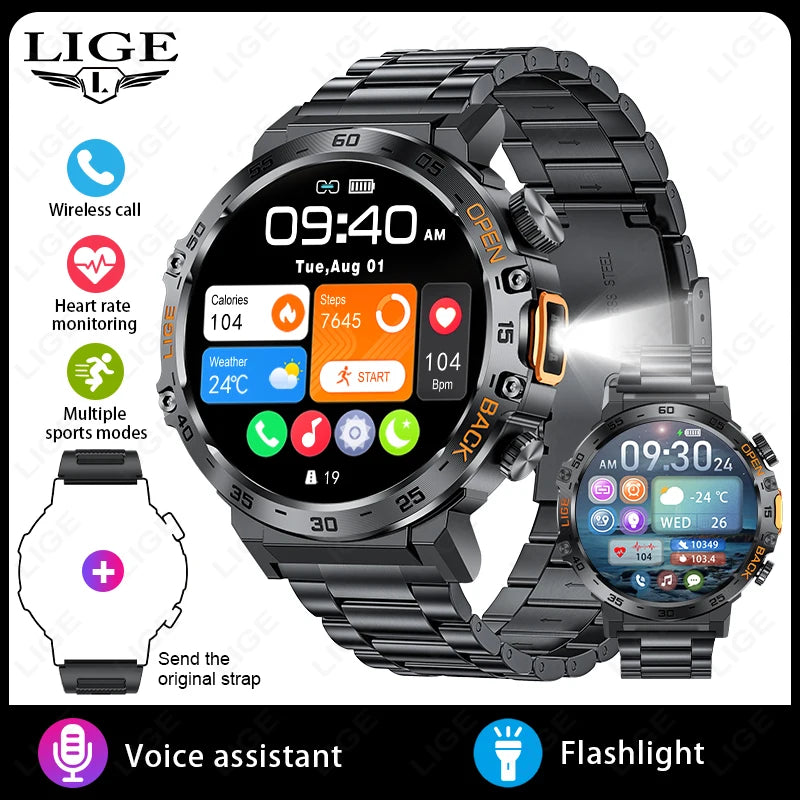 LIGE 2024 reloj inteligente para hombres 360*360 pantalla AMOLED HD relojes deportivos impermeables para Fitness linterna nueva reloj inteligente para hombres para Andrio IOS