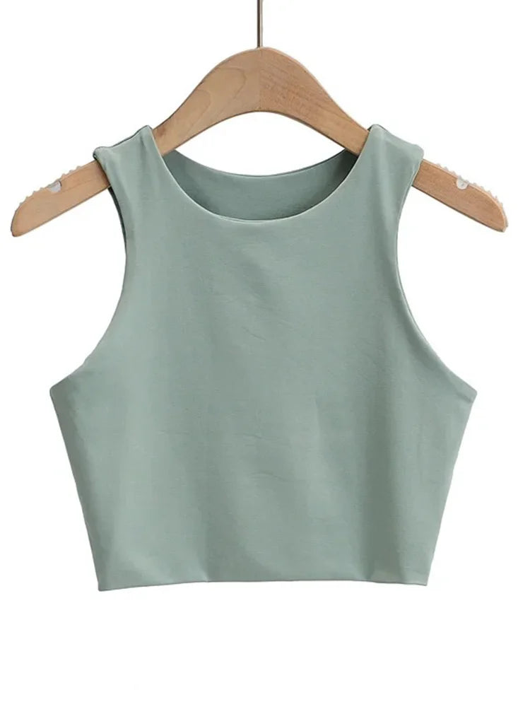 Camisetas ajustadas sexis para mujer, camisetas sin mangas con cuello redondo y doble nailon para mujer, camisetas sin mangas de buena calidad en 6 colores 2023