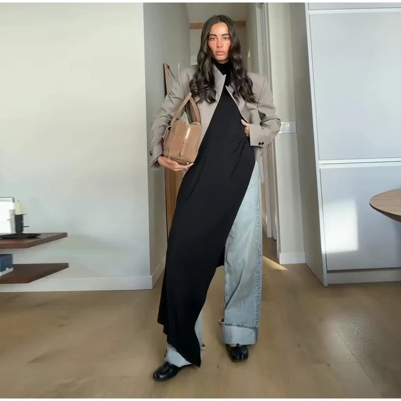 Vestido sin mangas con cuello colgante para mujer, vestido liso de satén con espalda descubierta, vestidos informales de oficina con tirantes finos, nueva Suite de primavera 2025