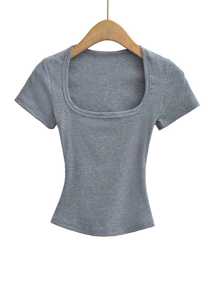 Top corto de alta elasticidad con cuello cuadrado para mujer, top sexy de manga corta, jersey ajustado, camisa básica de verano