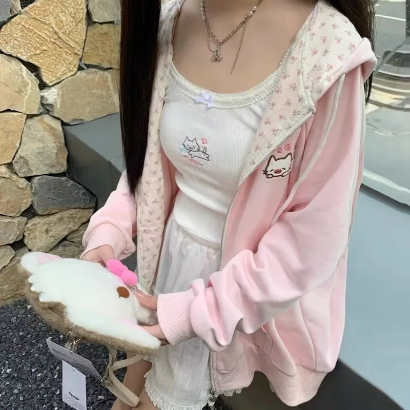 Abrigo con capucha Harajuku coreano Kawaii para mujer, cárdigan fino de manga larga con cremallera, ropa de calle Y2K, nuevas chaquetas holgadas de longitud media