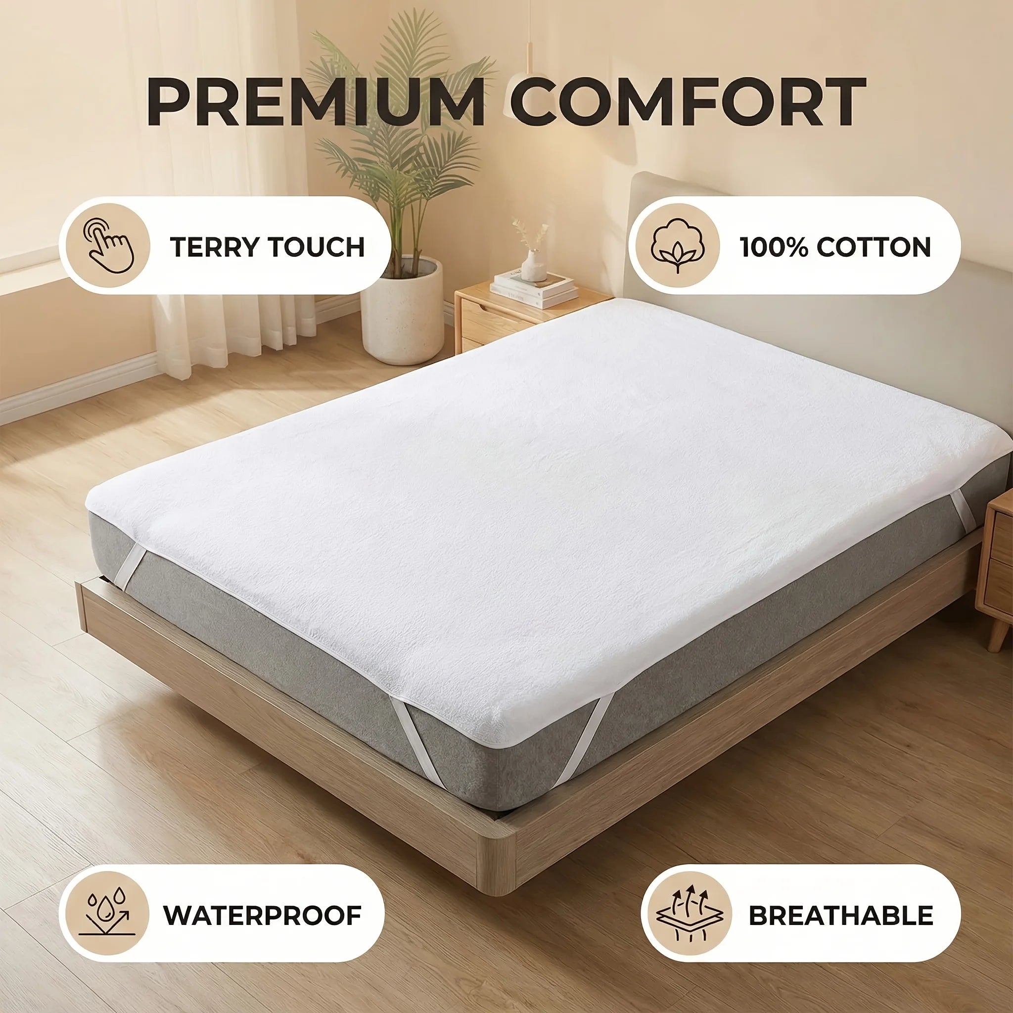 Protector de Colchón Impermeable 100% Algodón Terry, Cubre Colchón Transpirable de Algodón con Cintas Elásticas en las Esquinas