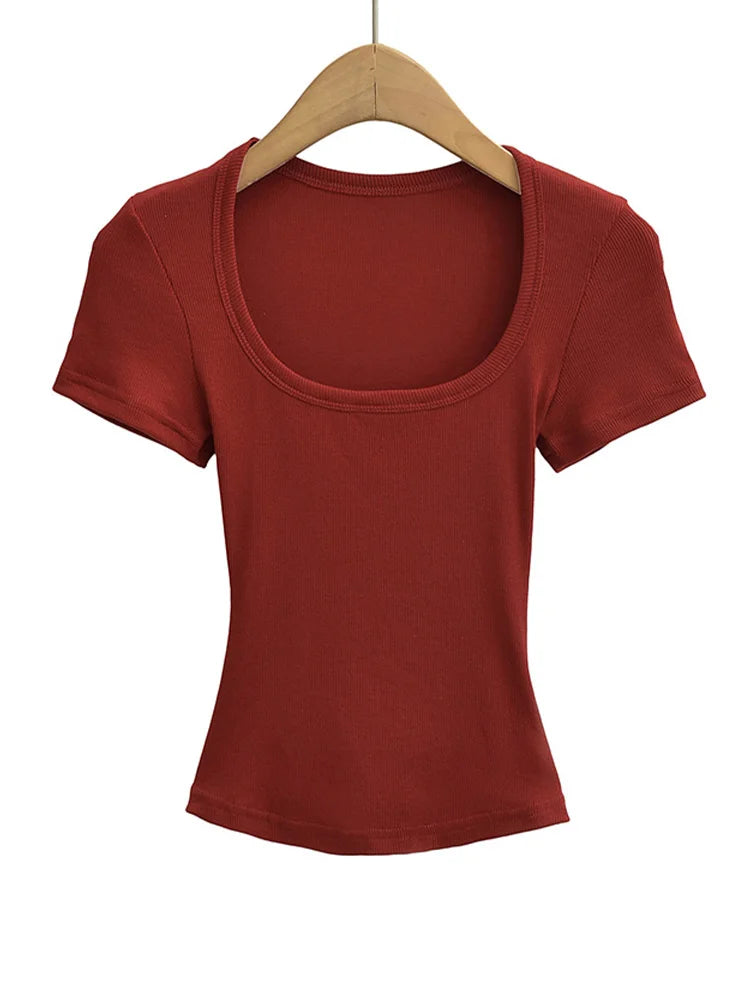 Top corto de alta elasticidad con cuello cuadrado para mujer, top sexy de manga corta, jersey ajustado, camisa básica de verano