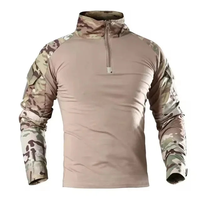 Camisas Tácticas de Manga Larga para Exteriores, Camisa de Combate con Cierre de 1/4, Algodón Ripstop Resistente al Desgaste, Camisetas de Camuflaje para Airsoft, Ropa Masculina