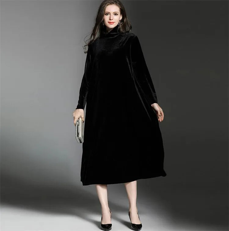Vestido de terciopelo de invierno 2026 primavera manga larga cuello alto vestido elegante Casual Retro Vintage Vestidos de fiesta de terciopelo Vestidos